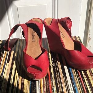 Red leather wedges.